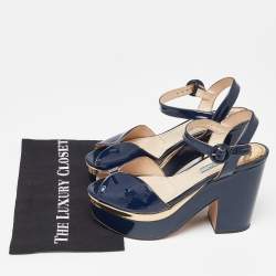 Prada Navy Blue Patent Leather Platform Ankle Strap Sandals Size 38.5