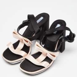 Pre Owned Prada Pink/Black Satin Bow T-Bar Ankle Strap Sandals Size 39