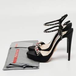 Prada Black Satin Crystal Embellished Ankle Strap Sandals Size 37