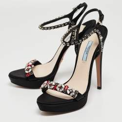 Prada Black Satin Crystal Embellished Ankle Strap Sandals Size 37