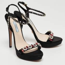 Prada Black Satin Crystal Embellished Ankle Strap Sandals Size 37
