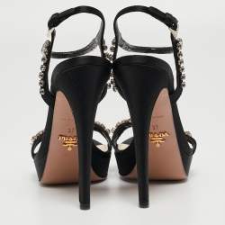 Prada Black Satin Crystal Embellished Ankle Strap Sandals Size 37