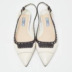 Prada Off White/Black Leather Studded Slingback Flats Size 38