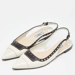 Prada Off White/Black Leather Studded Slingback Flats Size 38