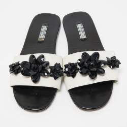 Prada White Leather Crystal Embellished Slides Flat Size 40
