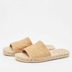 Prada Brown Raffia Embroidered Logo Slide Flats Size 40