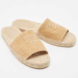 Prada Brown Raffia Embroidered Logo Slide Flats Size 40
