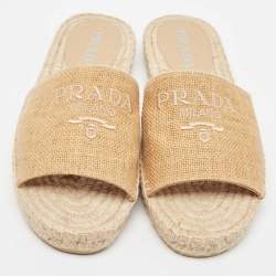 Prada Brown Raffia Embroidered Logo Slide Flats Size 40