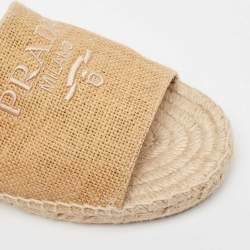 Prada Brown Raffia Embroidered Logo Slide Flats Size 40