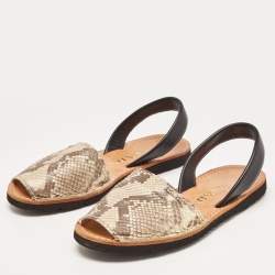 .Prada Beige/Black Python and Leather Flat Slingback Sandals Size 37