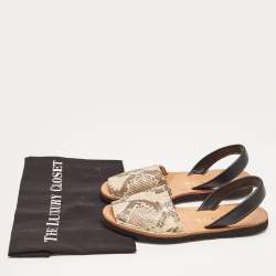 .Prada Beige/Black Python and Leather Flat Slingback Sandals Size 37