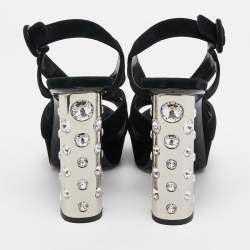 Pre Owned Prada Black Suede Crystal Embellished Heel Platform Slingback Sandals Size 37