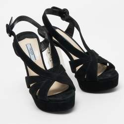 Pre Owned Prada Black Suede Crystal Embellished Heel Platform Slingback Sandals Size 37