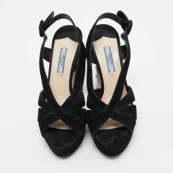 Pre Owned Prada Black Suede Crystal Embellished Heel Platform Slingback Sandals Size 37