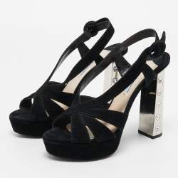 Pre Owned Prada Black Suede Crystal Embellished Heel Platform Slingback Sandals Size 37