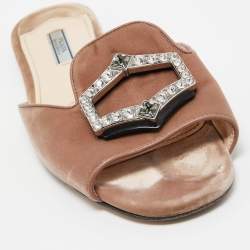 Prada Brown Velvet Crystal Embellished Flat Slides Size 40