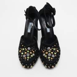 Pre Owned Prada Black Suede Crystal Embellished Ankle Strap Pumps Size 38.5