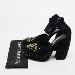 Pre Owned Prada Black Suede Crystal Embellished Ankle Strap Pumps Size 38.5