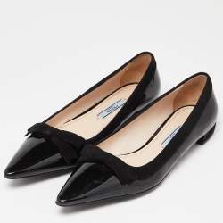 Prada Black Patent Leather Bow Pointed Toe Ballet Flats Size 37.5