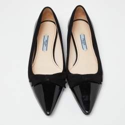 Prada Black Patent Leather Bow Pointed Toe Ballet Flats Size 37.5