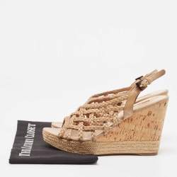 Pre Owned Prada Light Brown Braided Leather Cork Wedge Slingback Sandals Size 37.5