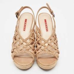 Pre Owned Prada Light Brown Braided Leather Cork Wedge Slingback Sandals Size 37.5