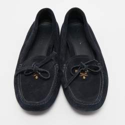 Prada Dark Blue Suede Bow Slip On Loafers Size 35.5