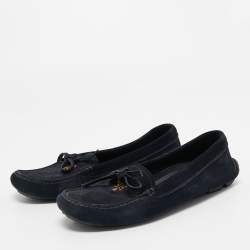 Prada Dark Blue Suede Bow Slip On Loafers Size 35.5