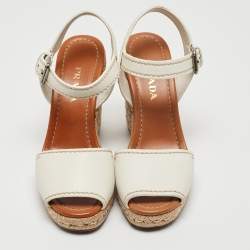 Pre Owned Prada White Leather Espadrille Wedge Ankle Strap Sandals Size 38
