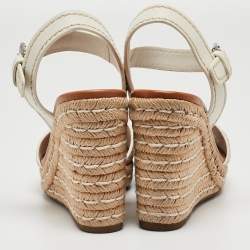 Pre Owned Prada White Leather Espadrille Wedge Ankle Strap Sandals Size 38