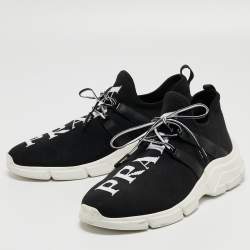 Pre Owned Prada Black/White Logo Knit Fabric Low Top Sneakers Size 38
