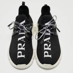 Pre Owned Prada Black/White Logo Knit Fabric Low Top Sneakers Size 38