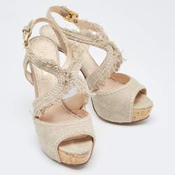Prada Grey Canvas Leather Platform Block Heel Ankle Strap Sandals Size 38.5