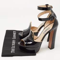 Pre Owned Prada Black Patent Leather Ankle Strap Platform Sandals Size 38