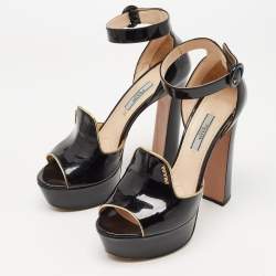 Pre Owned Prada Black Patent Leather Ankle Strap Platform Sandals Size 38