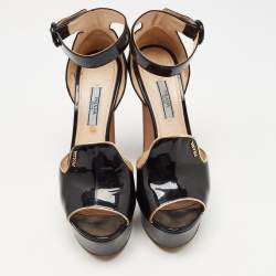Pre Owned Prada Black Patent Leather Ankle Strap Platform Sandals Size 38