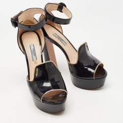 Pre Owned Prada Black Patent Leather Ankle Strap Platform Sandals Size 38