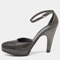 Prada Metallic Dark Grey Leather Ankle Strap Platform Sandals Size 37.5