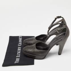 Prada Metallic Dark Grey Leather Ankle Strap Platform Sandals Size 37.5