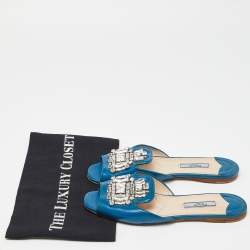 Prada Blue Patent Saffiano Leather Crystal Embellished Flat Slides Size 37