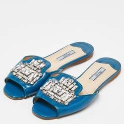 Prada Blue Patent Saffiano Leather Crystal Embellished Flat Slides Size 37