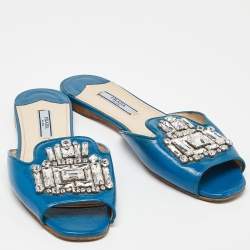 Prada Blue Patent Saffiano Leather Crystal Embellished Flat Slides Size 37