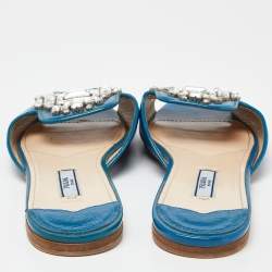 Prada Blue Patent Saffiano Leather Crystal Embellished Flat Slides Size 37