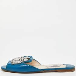 Prada Blue Patent Saffiano Leather Crystal Embellished Flat Slides Size 37