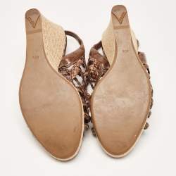 Pre Owned Prada Sport Brown Leather Braided Accents Wedge Espadrilles Sandals Size 40.5