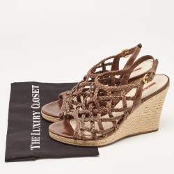 Pre Owned Prada Sport Brown Leather Braided Accents Wedge Espadrilles Sandals Size 40.5