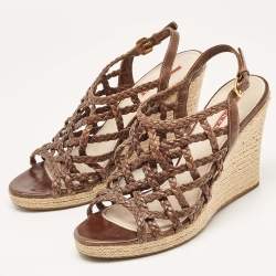 Pre Owned Prada Sport Brown Leather Braided Accents Wedge Espadrilles Sandals Size 40.5