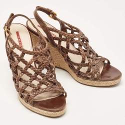 Pre Owned Prada Sport Brown Leather Braided Accents Wedge Espadrilles Sandals Size 40.5