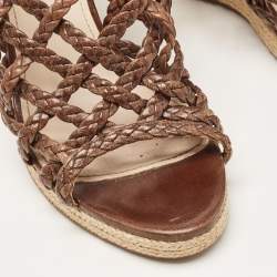 Pre Owned Prada Sport Brown Leather Braided Accents Wedge Espadrilles Sandals Size 40.5
