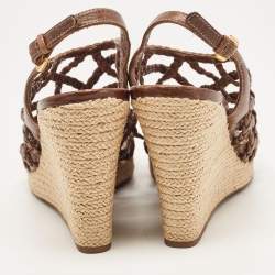Pre Owned Prada Sport Brown Leather Braided Accents Wedge Espadrilles Sandals Size 40.5